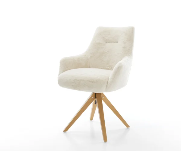 Chaise-pivotante Alja-Flex avec accoudoirs peluche crème-blanc pied en bois angulaire naturel pivotement sur 180° resorts ensachés