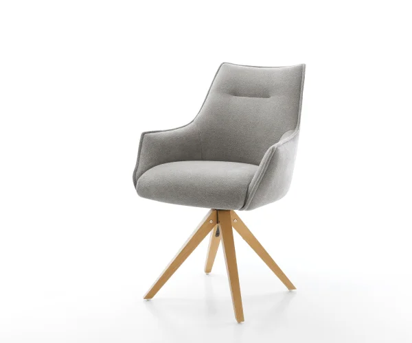 Chaise-pivotante Alja-Flex avec accoudoirs tissu structuré doux gris pied en bois angulaire naturel pivotement sur 180° resorts ensachés