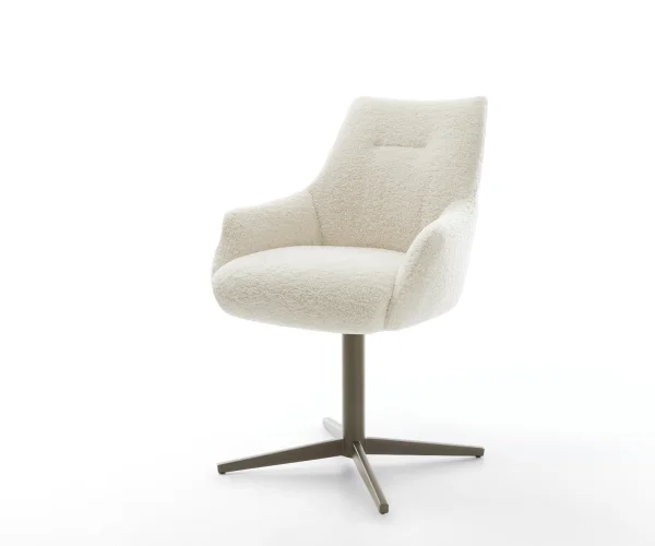 Chaise-pivotante Alja-Flex avec accoudoirs tissu teddy beige pied de chaise 4 branches aspect titane pivotement sur 360° ressorts ensachés