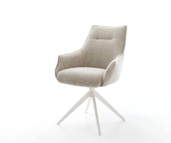 Chaise-pivotante Alja-Flex avec accoudoirs tissu tissé doux beige pied croisé large blanc pivotement sur 360° fonction bascule resorts ensachés