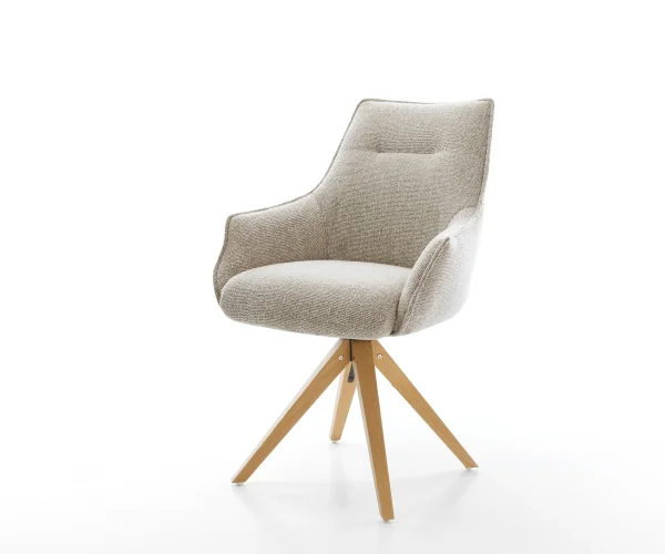 Chaise-pivotante Alja-Flex avec accoudoirs tissu tissé doux beige pied en bois angulaire naturel pivotement sur 180° resorts ensachés