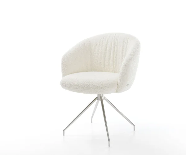 Chaise-pivotante Caja-Flex avec accoudoirs bouclé blanc pied croisé conique acier inoxydable ressorts ensachés pivote sur 180°