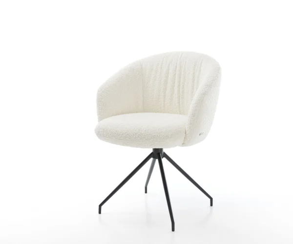 Chaise-pivotante Caja-Flex avec accoudoirs bouclé blanc pied croisé conique noir ressorts ensachés pivote sur 180°