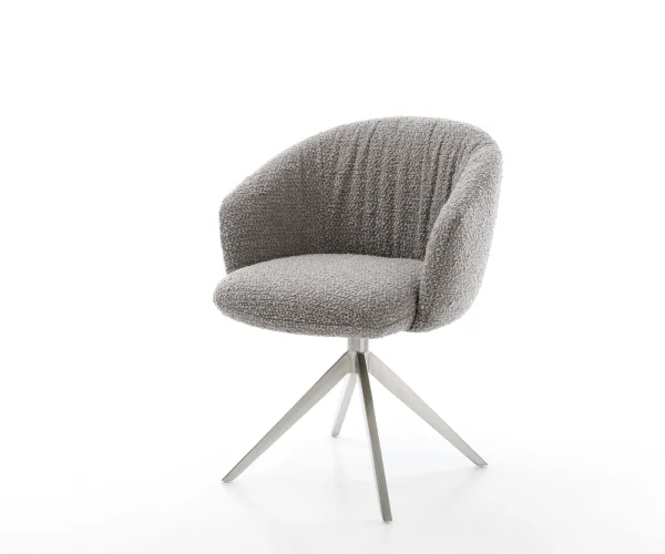 Chaise-pivotante Caja-Flex avec accoudoirs bouclé gris argenté pied croisé large acier inoxydable brossé pivotement sur 360° ressorts ensachés