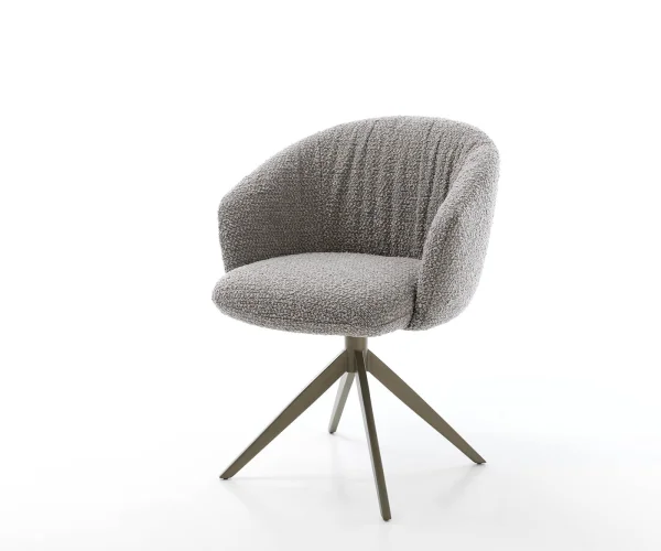 Chaise-pivotante Caja-Flex avec accoudoirs bouclé gris argenté pied croisé large aspect titane pivotement sur 360° ressorts ensachés