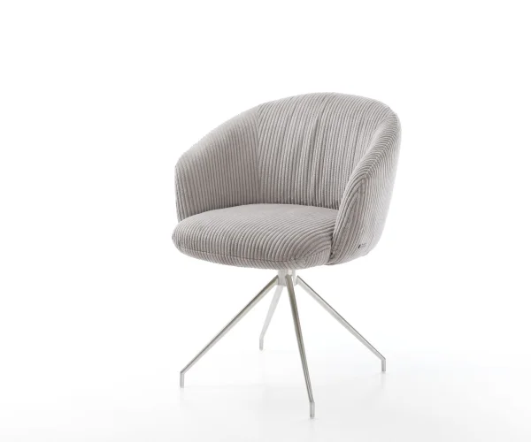 Chaise-pivotante Caja-Flex avec accoudoirs côtelé gris argenté pied croisé conique acier inoxydable ressorts ensachés pivote sur 180°