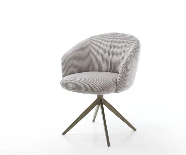 Chaise-pivotante Caja-Flex avec accoudoirs côtelé gris argenté pied croisé large aspect titane pivotement sur 360° ressorts ensachés