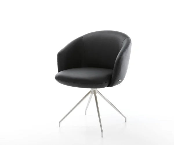 Chaise-pivotante Caja-Flex avec accoudoirs cuir de vache noir pied croisé conique acier inoxydable brossé pivotement sur 180° ressorts ensachés