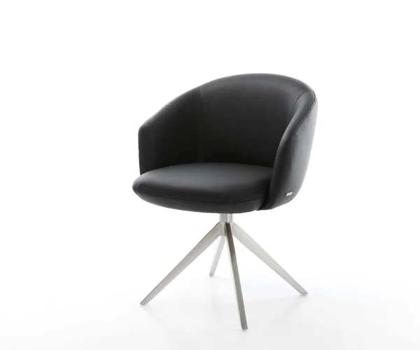Chaise-pivotante Caja-Flex avec accoudoirs cuir de vache noir pied croisé large acier inoxydable brossé pivotement sur 360° fonction bascule ressorts ensachés