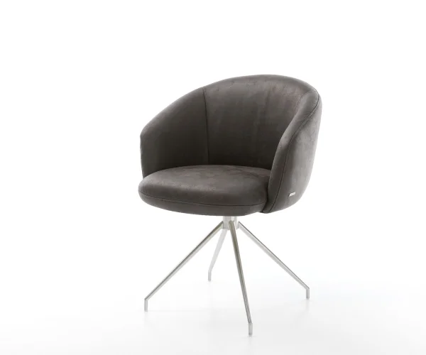 Chaise-pivotante Caja-Flex avec accoudoirs microvelours anthracite vintage pied croisé conique acier inoxydable brossé pivotement sur 180° ressorts ensachés