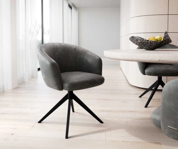 Chaise-pivotante Caja-Flex avec accoudoirs microvelours anthracite vintage pied croisé large noir pivotement sur 360° ressorts ensachés
