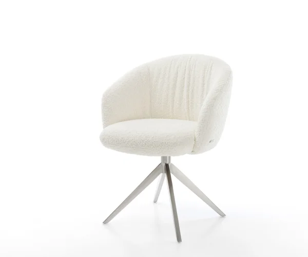 Chaise-pivotante Caja-Flex bouclé blanc pied croisé large acier inoxydable brossé pivotement sur 360° fonction bascule ressorts ensachés