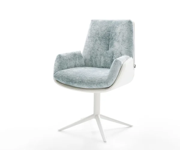 Chaise-pivotante Clea-Flex tissu mixte cuir de vache blanc-bleu pastel pied de chaise 4 branches blanc pivotement sur 360° fonction bascule