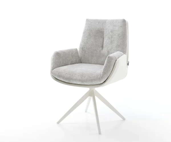 Chaise-pivotante Clea-Flex tissu mixte cuir de vache blanc-gris argenté pied croisé large blanc pivotement sur 360° fonction bascule