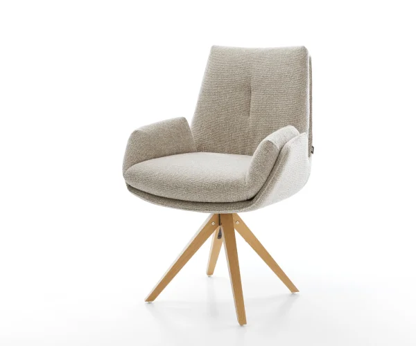 Chaise-pivotante Clea-Flex tissu tissé doux beige pied en bois angulaire naturel pivotement sur 180°