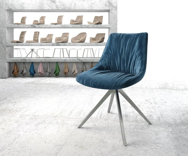 Chaise-pivotante Elda-Flex velours bleu cadre croisé angulaire acier inoxydable pivote sur 180°