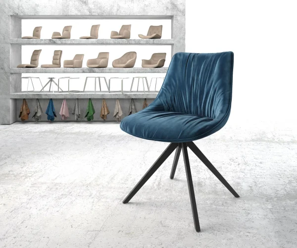 Chaise-pivotante Elda-Flex velours bleu cadre croisé angulaire noir pivote sur 180°