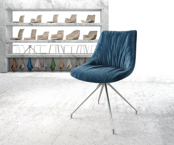 Chaise-pivotante Elda-Flex velours bleu cadre croisé conique acier inoxydable pivote sur 180°