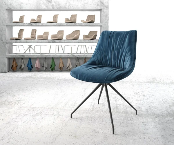 Chaise-pivotante Elda-Flex velours bleu cadre croisé conique noir pivote sur 180°