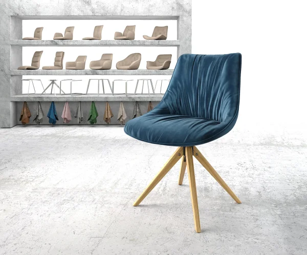 Chaise-pivotante Elda-Flex velours bleu cadre en bois angulaire pivote sur 180°