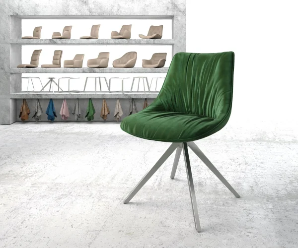 Chaise-pivotante Elda-Flex velours vert cadre croisé angulaire acier inoxydable pivote sur 180°