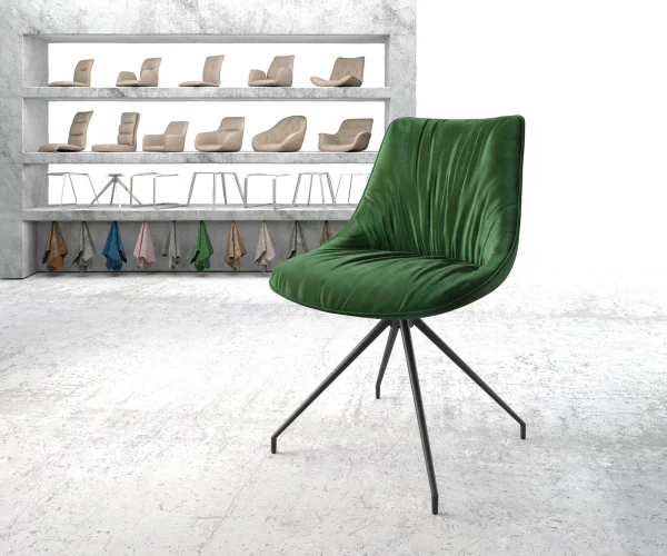 Chaise-pivotante Elda-Flex velours vert cadre croisé conique noir pivote sur 180°