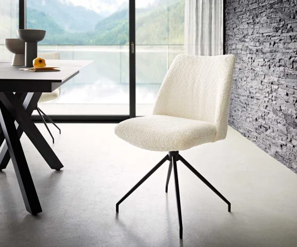 Chaise-pivotante Elso-Flex bouclé blanc pied croisé conique noir ressorts ensachés pivote sur 180°