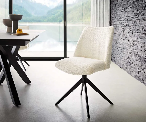 Chaise-pivotante Elso-Flex bouclé blanc pied croisé large noir pivotement sur 360° ressorts ensachés