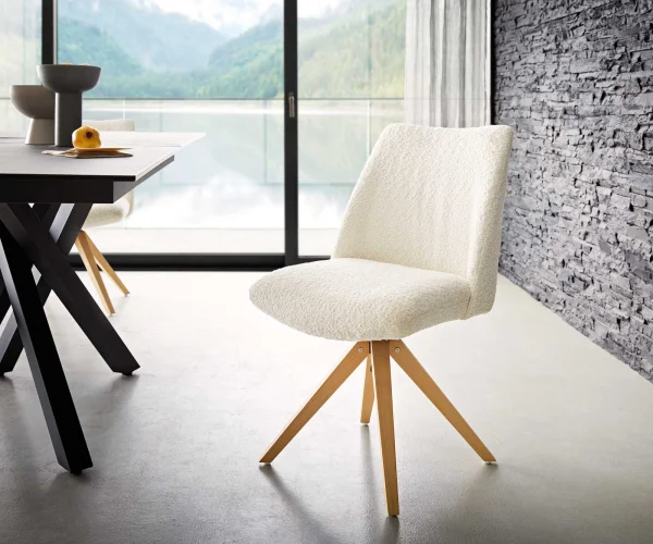 Chaise-pivotante Elso-Flex bouclé blanc pied en bois angulaire naturel pivotement sur 180° ressorts ensachés