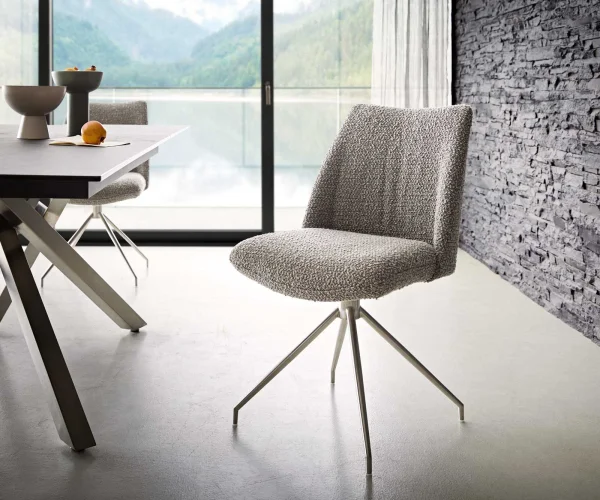 Chaise-pivotante Elso-Flex bouclé gris argenté pied croisé conique acier inoxydable ressorts ensachés pivote sur 180°