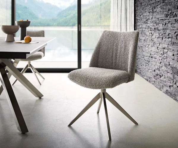 Chaise-pivotante Elso-Flex bouclé gris argenté pied croisé large acier inoxydable brossé pivotement sur 360° ressorts ensachés
