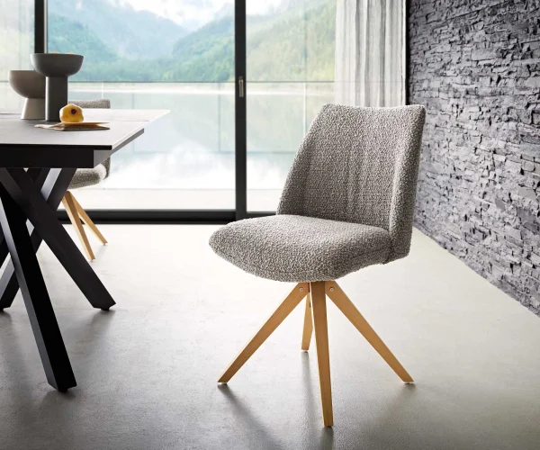 Chaise-pivotante Elso-Flex bouclé gris argenté pied en bois angulaire naturel pivotement sur 180° ressorts ensachés