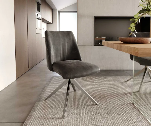 Chaise-pivotante Elso-Flex microvelours anthracite vintage pied croisé large acier inoxydable brossé pivotement sur 360° ressorts ensachés