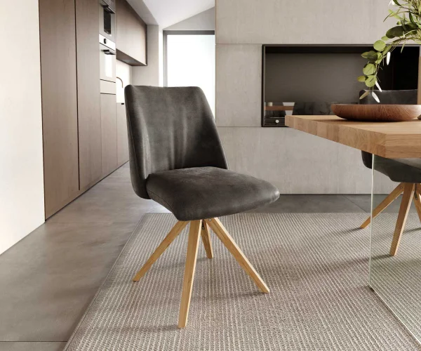 Chaise-pivotante Elso-Flex microvelours anthracite vintage pied en bois angulaire naturel pivotement sur 180° ressorts ensachés