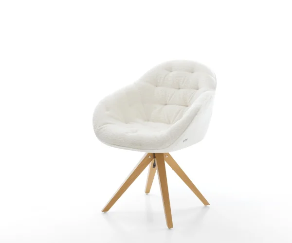 Chaise-pivotante Gaio-Flex bouclé doux beige pied en bois angulaire naturel pivotement sur 180°