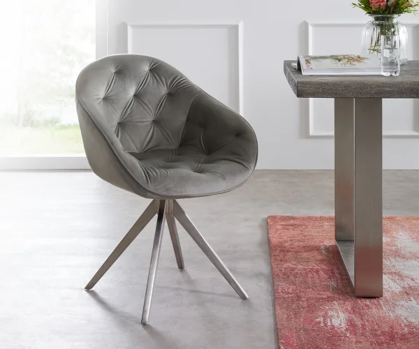 Chaise-pivotante Gaio-Flex velours gris cadre croisé angulaire acier inoxydable pivote sur 180°