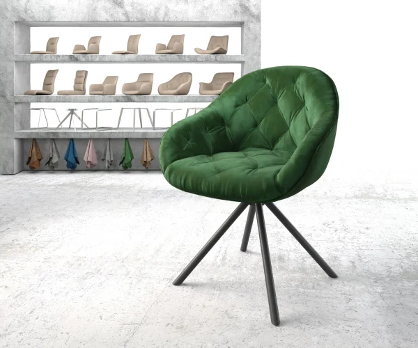 Chaise-pivotante Gaio-Flex velours vert cadre croisé rond noir pivote sur 180°