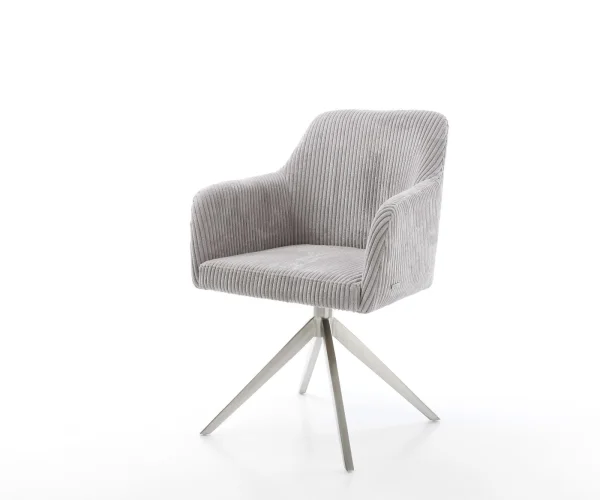 Chaise-pivotante Greg-Flex côtelé gris argenté pied croisé large acier inoxydable brossé pivotement sur 360° fonction bascule ressorts ensachés