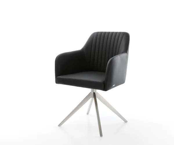 Chaise-pivotante Greg-Flex cuir de vache noir pied croisé large acier inoxydable brossé pivotement sur 360° fonction bascule ressorts ensachés