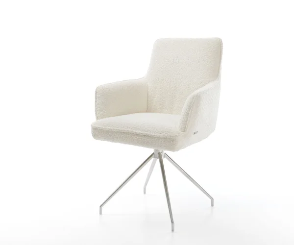 Chaise-pivotante Heira-Flex avec accoudoirs bouclé blanc pied croisé conique acier inoxydable ressorts ensachés pivote sur 180°