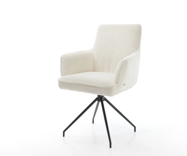 Chaise-pivotante Heira-Flex avec accoudoirs bouclé blanc pied croisé conique noir pivotement sur 180° ressorts ensachés