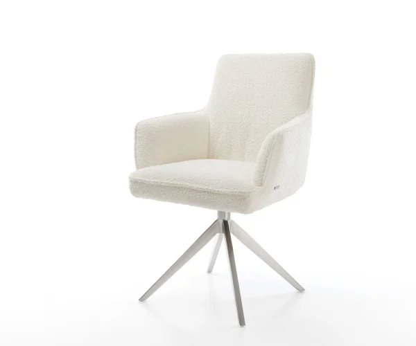 Chaise-pivotante Heira-Flex avec accoudoirs bouclé blanc pied croisé large acier inoxydable brossé pivotement sur 360° fonction bascule ressorts ensachés