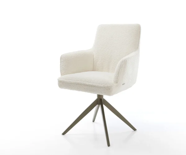 Chaise-pivotante Heira-Flex avec accoudoirs bouclé blanc pied croisé large aspect titane pivotement sur 360° fonction bascule ressorts ensachés