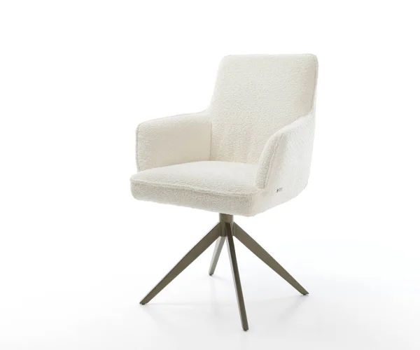 Chaise-pivotante Heira-Flex avec accoudoirs bouclé blanc pied croisé large aspect titane pivotement sur 360° ressorts ensachés
