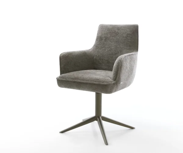 Chaise-pivotante Heira-Flex avec accoudoirs bouclé doux couleur boue pied de chaise 4 branches aspect titane pivotement sur 360° fonction bascule resorts ensachés