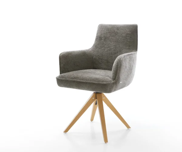 Chaise-pivotante Heira-Flex avec accoudoirs bouclé doux couleur boue pied en bois angulaire naturel pivotement sur 180° resorts ensachés