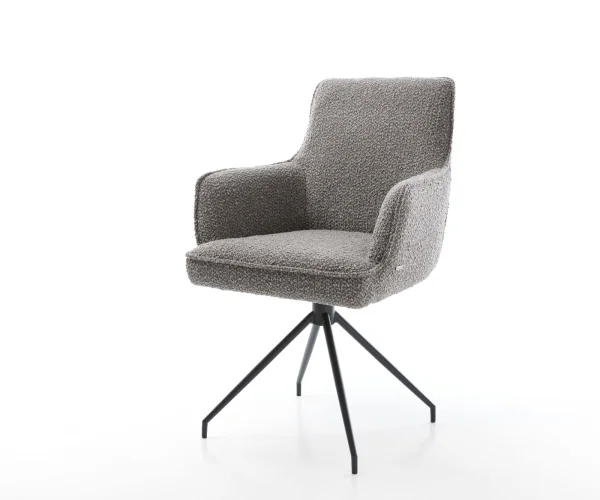Chaise-pivotante Heira-Flex avec accoudoirs bouclé gris argenté pied croisé conique noir pivotement sur 180° ressorts ensachés