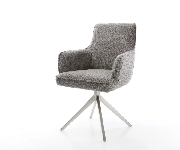 Chaise-pivotante Heira-Flex avec accoudoirs bouclé gris argenté pied croisé large acier inoxydable brossé pivotement sur 360° fonction bascule ressorts ensachés