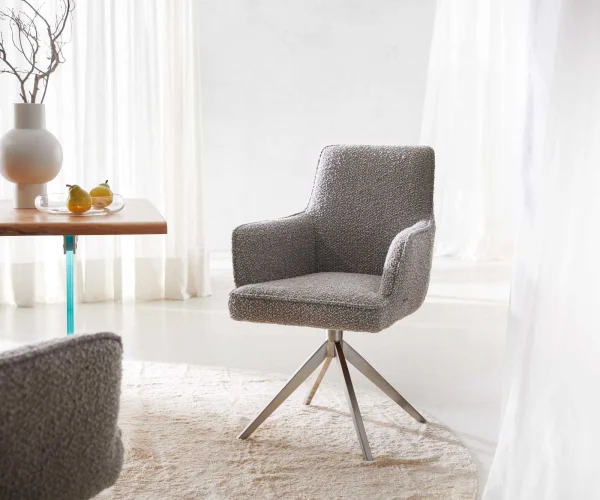 Chaise-pivotante Heira-Flex avec accoudoirs bouclé gris argenté pied croisé large acier inoxydable brossé pivotement sur 360° ressorts ensachés