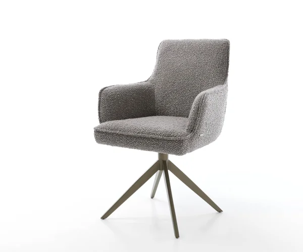Chaise-pivotante Heira-Flex avec accoudoirs bouclé gris argenté pied croisé large aspect titane pivotement sur 360° ressorts ensachés